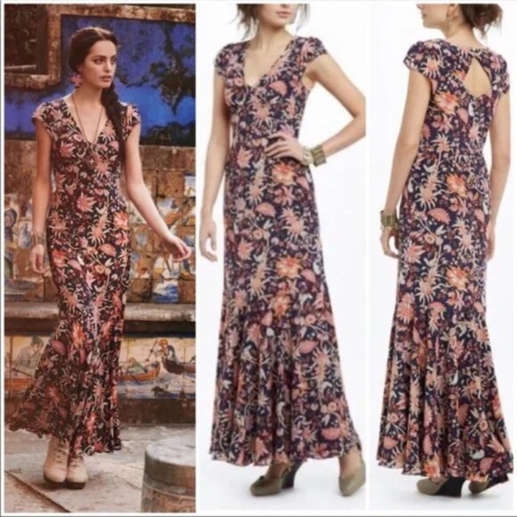 Anthropologie Leifsdottir 100% Silk Floral Fluted Hem Cap Sleeve Maxi Dress - Picture 1 of 7